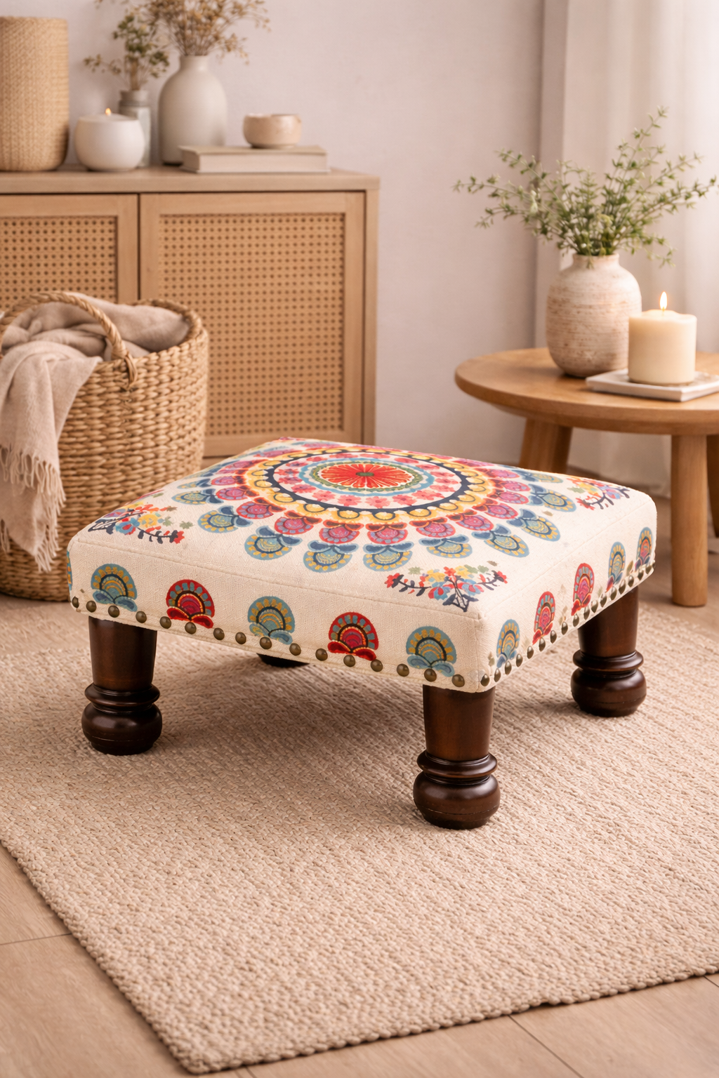 Mystic Mandala Cotton Footstool with Wooden Legs Multicolour