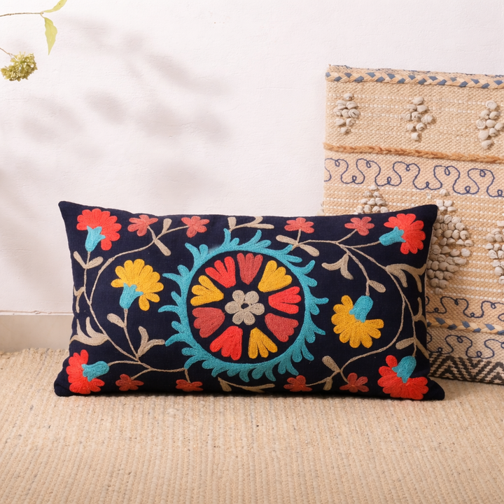 Indigo Aari Embroidered Cotton Cushion 35 x 60 cm