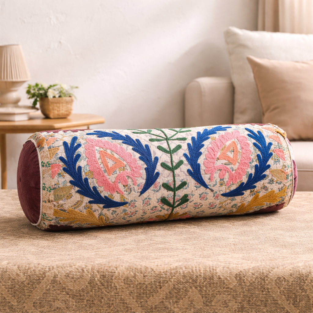 Floral Embroidered Cotton Bolster Cushion Multicolor 53 x 20 cm