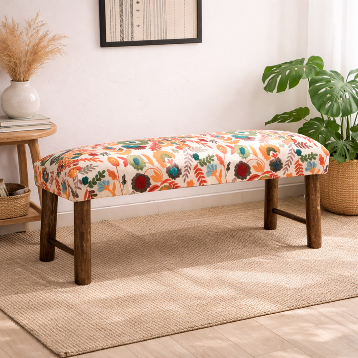 Floral Cotton Upholstered Bench with Wooden Legs 114 cm