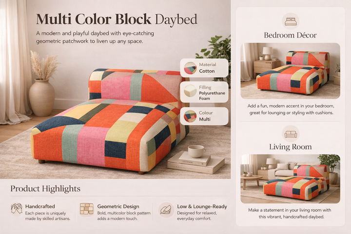 Geometric Cotton Floor Daybed with Backrest -Multicolor