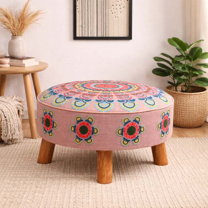 Embroidered Cotton Round Footstool with Wooden Legs 60 cm