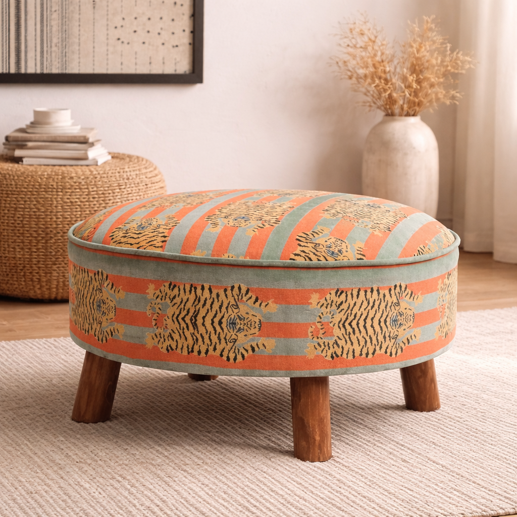 Cotton Round Footstool with Wooden Legs-Tiger Print- 60 cm