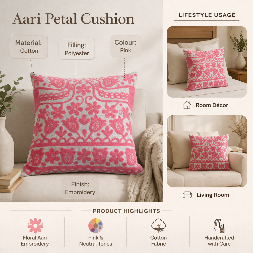 Pink Embroidered Cotton Cushion with Filler 45x45 cm