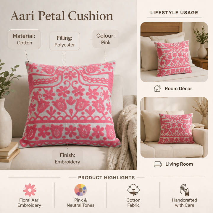 Pink Embroidered Cotton Cushion with Filler 45x45 cm