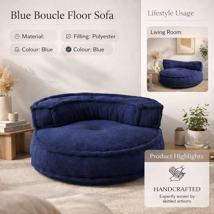 Blue Boucle Floor Sofa Chair with Backrest 80 cm