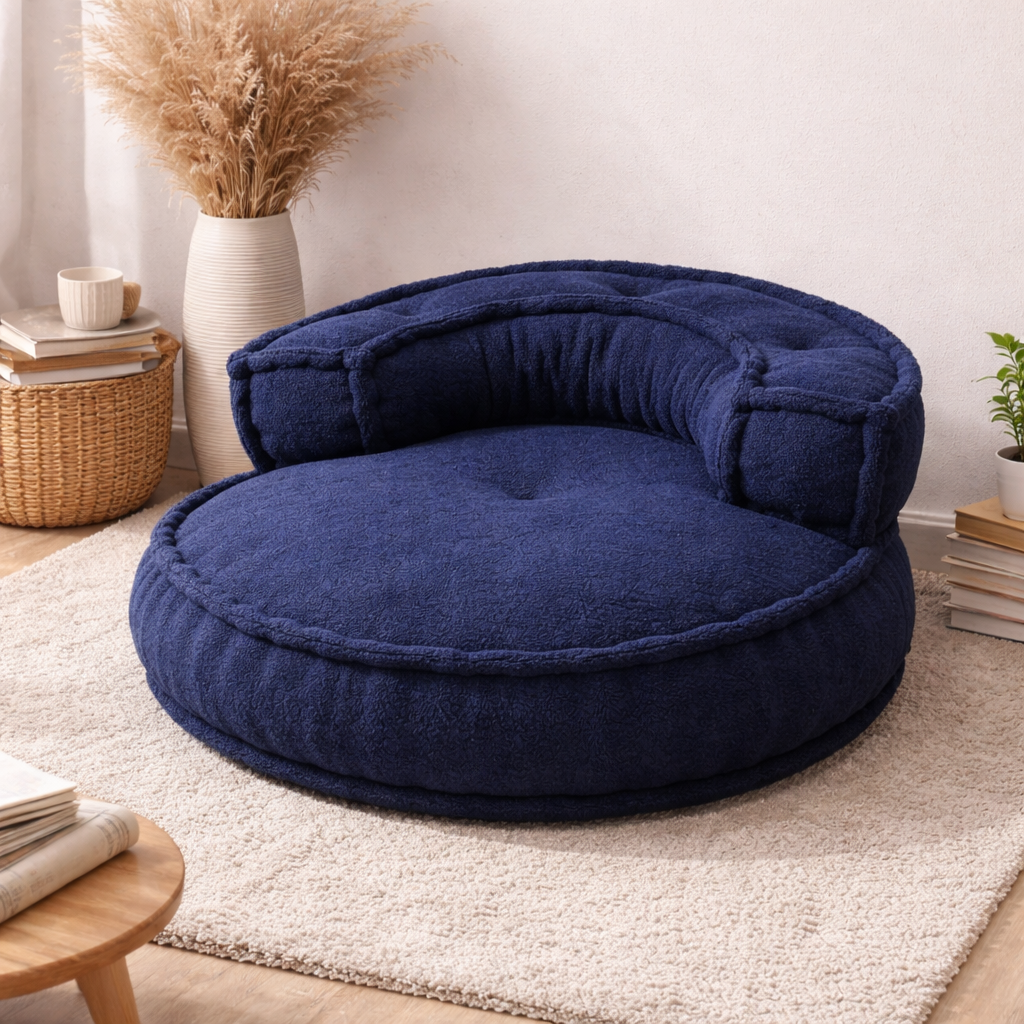 Blue Boucle Floor Sofa Chair with Backrest 80 cm