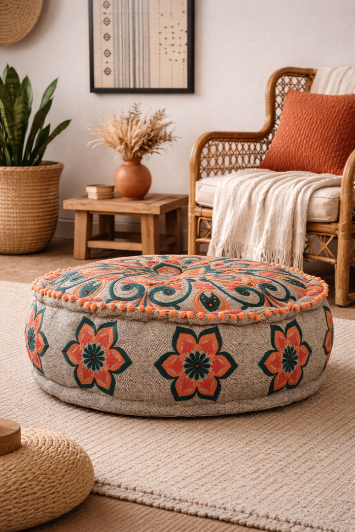 Mandala Embroidered Cotton Floor Cushion with Pompoms 60 cm