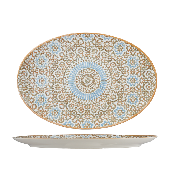 Oval Porcelain Plate with Foot 32cm | Moroccan Pattern Serving Platter | Professional Hospitality Tableware | Set of 6