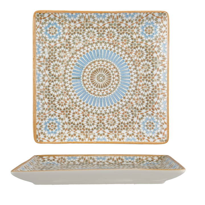 Juliet Square Porcelain Platter with Foot | Moroccan Pattern Serving Platter | Professional Hospitality Tableware