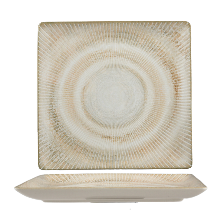 Paros Shell Sand Juliet Square Porcelain Platter with Foot | Elevated Serving Plate | Professional Hospitality Tableware