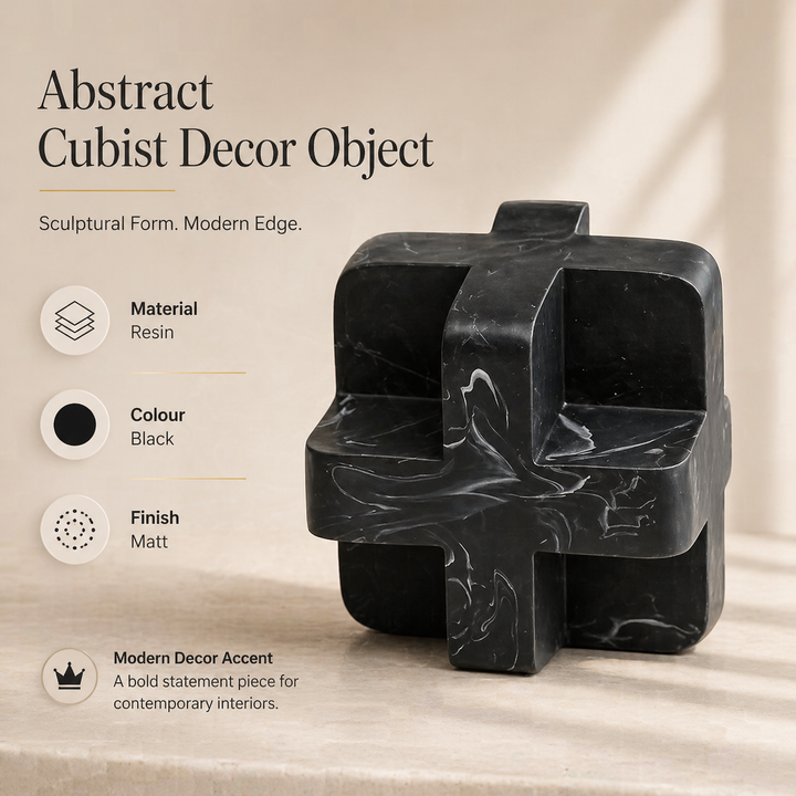 Abstract Cubist Décor Object in Black Matte Polyresin