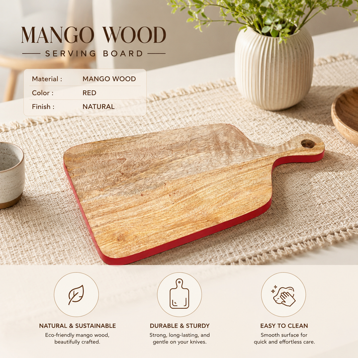 Mango Wood Serving Board with Red Edge Handle Design
