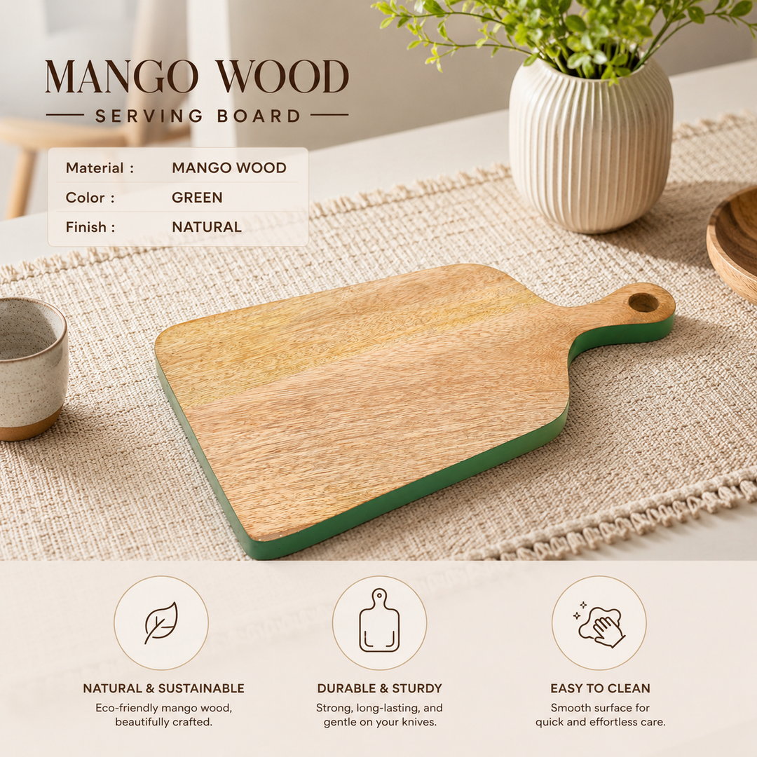 Mango Wood Serving Board with Green Edge Handle Design