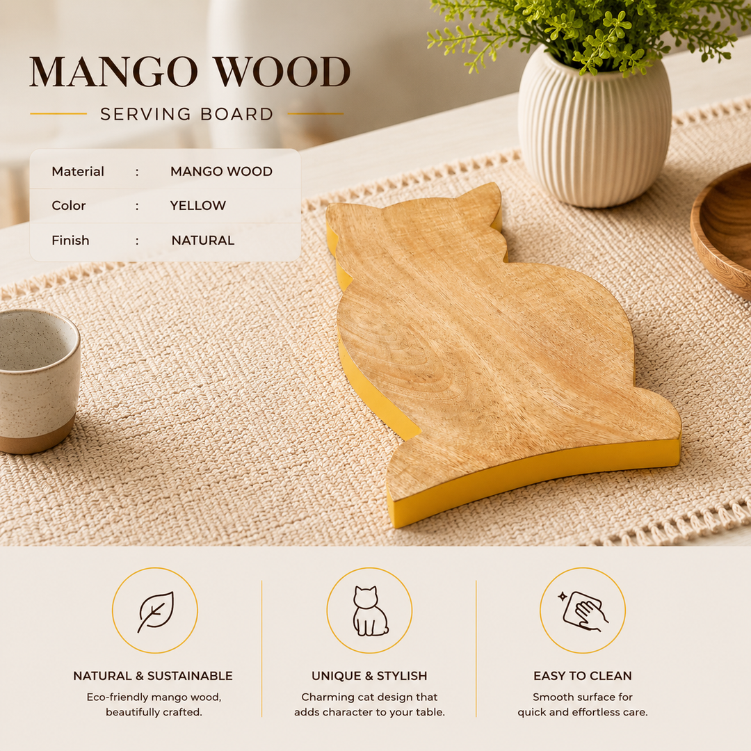 Cat Shaped Mango Wood Serving Board with Colour Edge