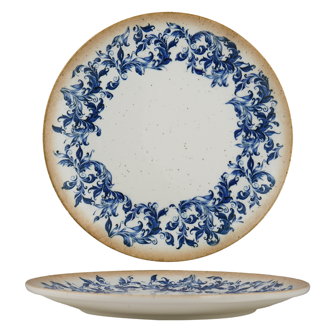 Cruise Amalfi Round Rimless Porcelain Plate | Mediterranean Blue Floral Dinner Plate | Professional Hospitality Tableware