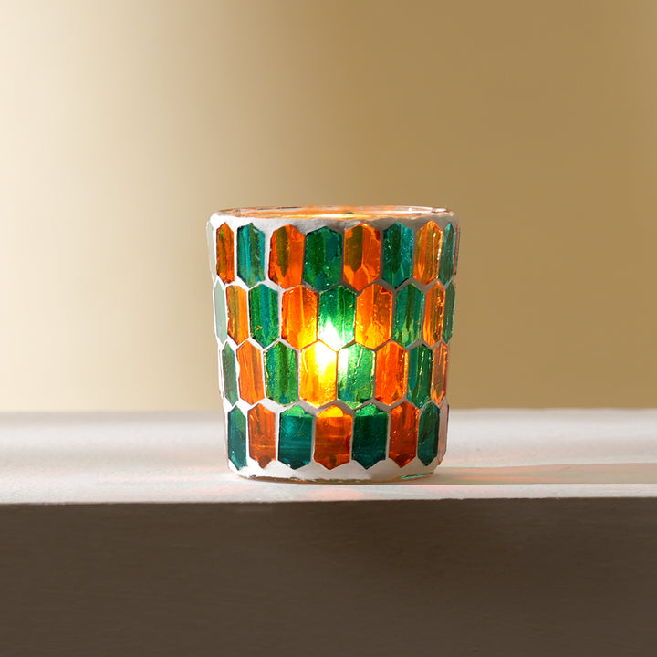 Round Mosaic Glass Votive Candle Holder – Handmade Decorative Tealight Holder