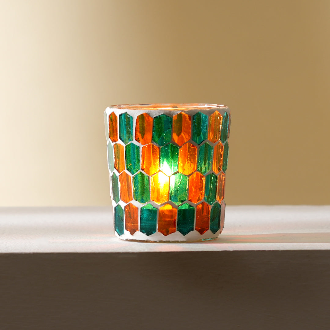 Round Mosaic Glass Votive Candle Holder – Handmade Decorative Tealight Holder