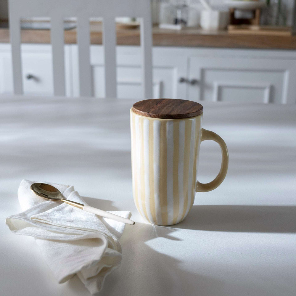 Handcrafted Ceramic Lemon Striped Tall Mug with Wooden Lid