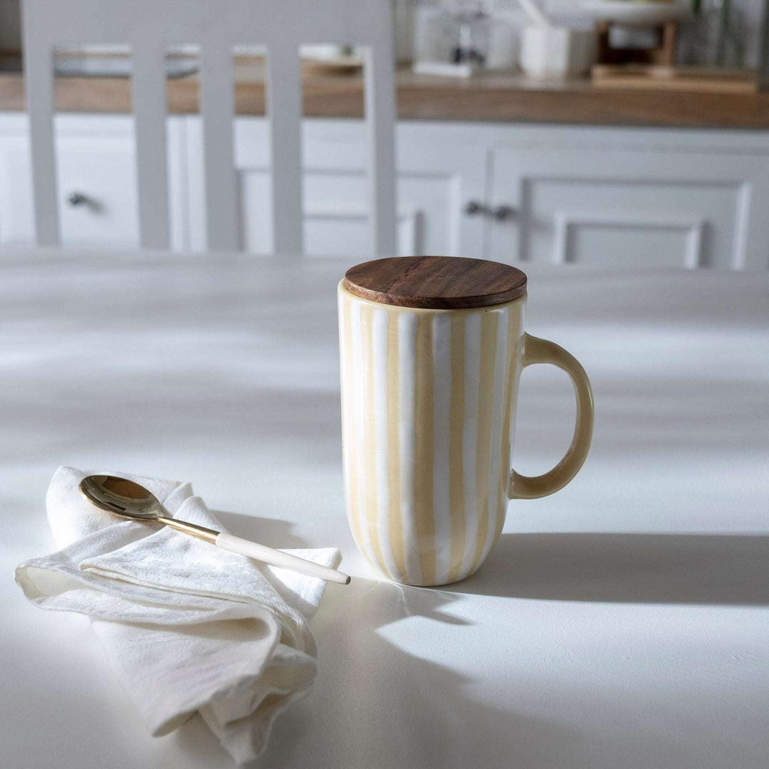 Handcrafted Ceramic Lemon Striped Tall Mug with Wooden Lid