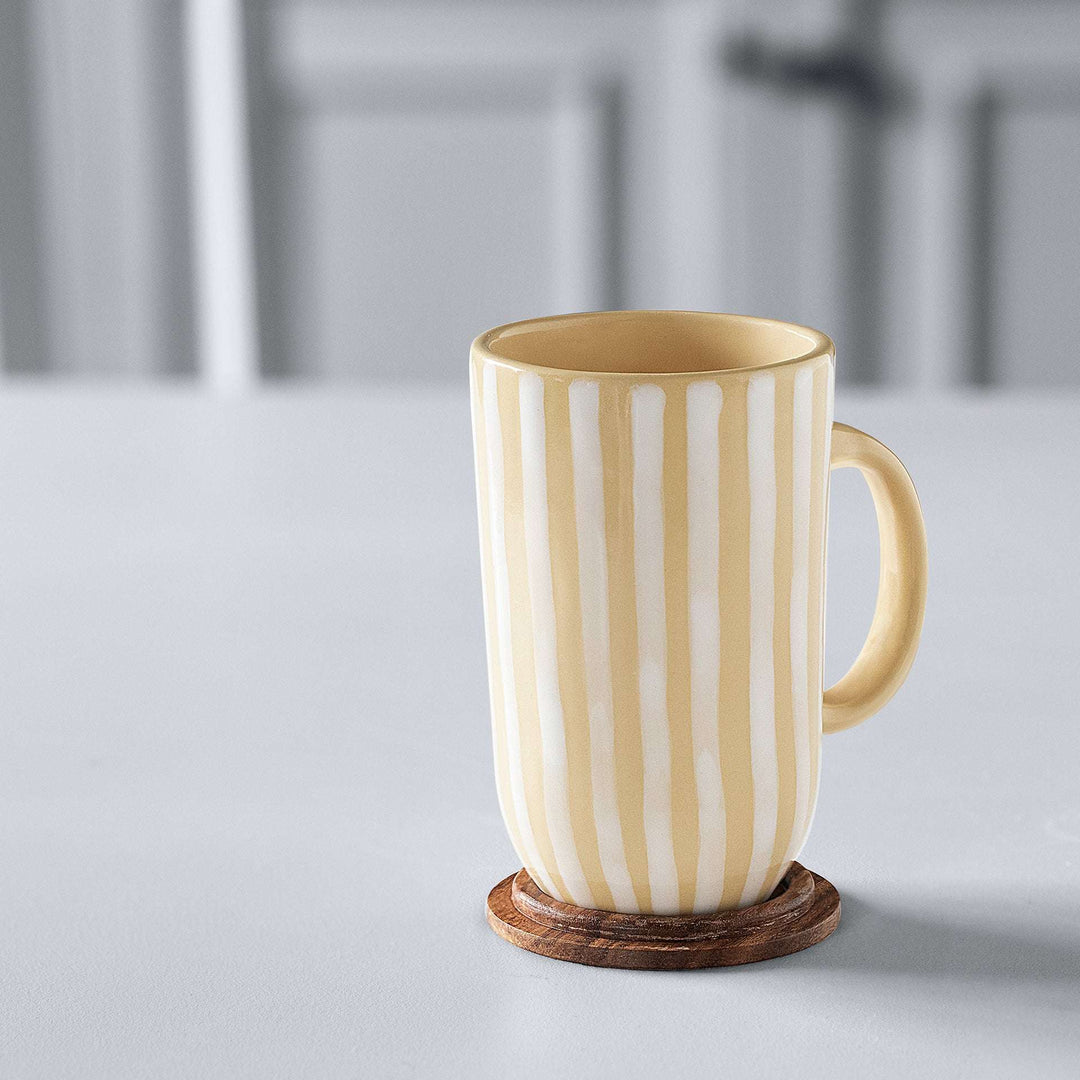 Handcrafted Ceramic Lemon Striped Tall Mug with Wooden Lid