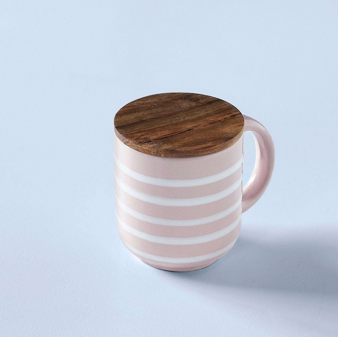 Handcrafted Ceramic Mug Blush Stripes Wooden Lid