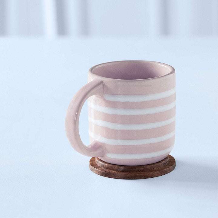 Handcrafted Ceramic Mug Blush Stripes Wooden Lid