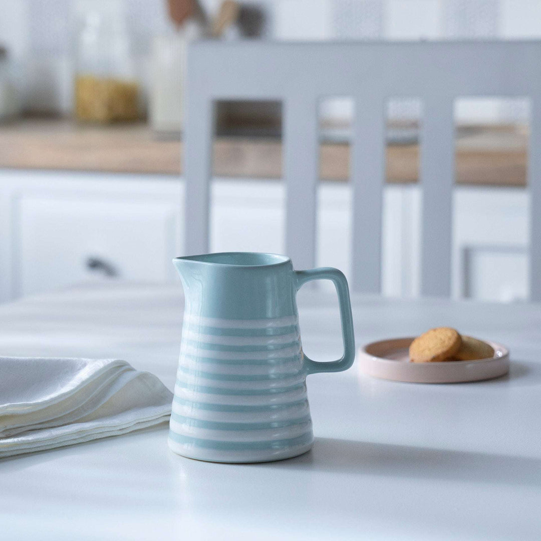 Hand-painted Blue Stripe Ceramic Jug Coastal Farmhouse