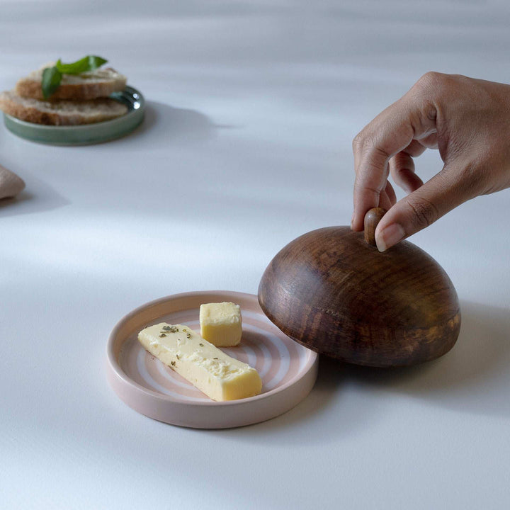 Blush Striped Ceramic Butter Dish with Mango Wood Lid