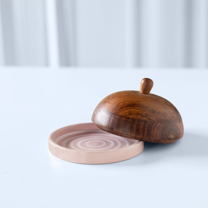 Blush Striped Ceramic Butter Dish with Mango Wood Lid