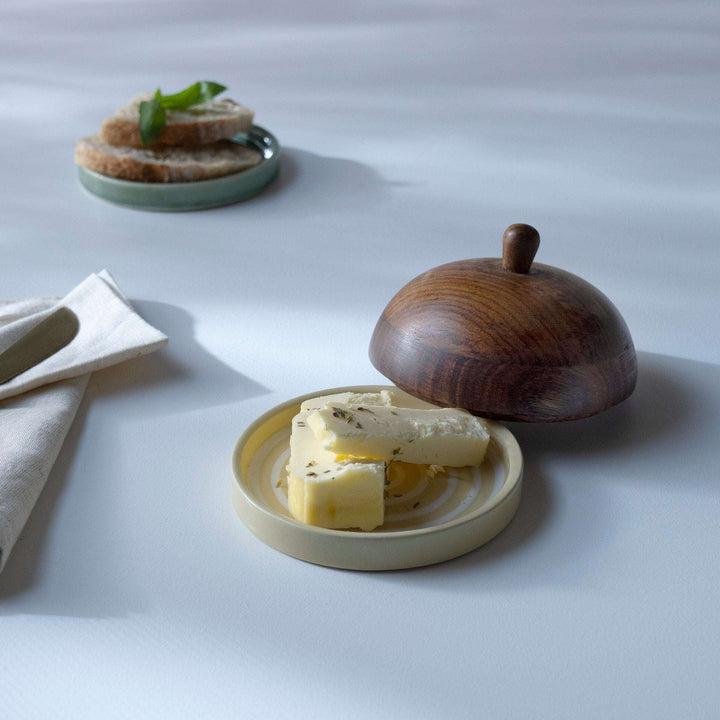 Striped Ceramic Butter Dish with Mango Wood Lid