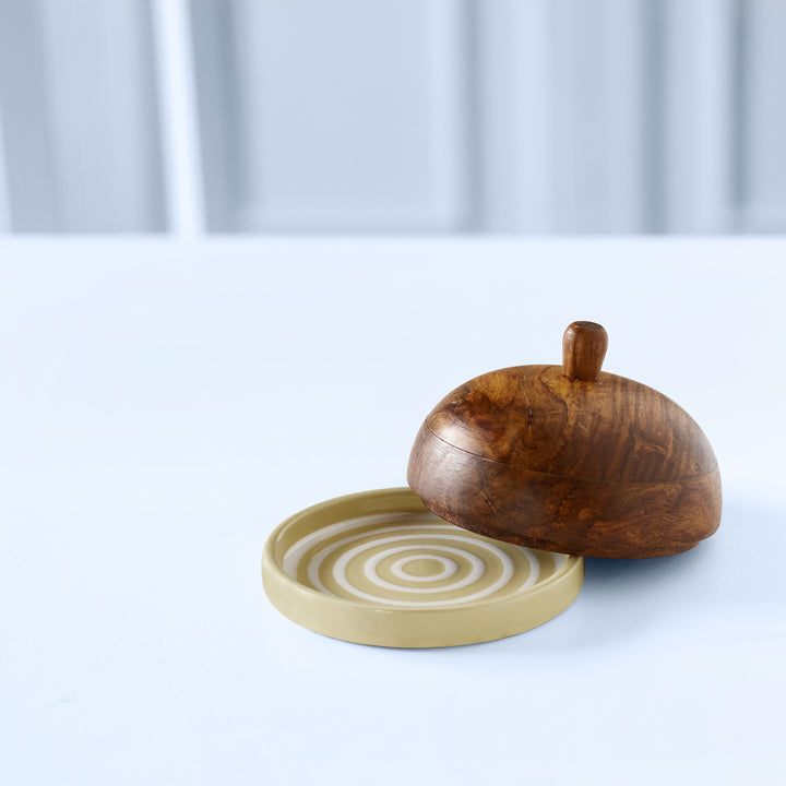 Striped Ceramic Butter Dish with Mango Wood Lid
