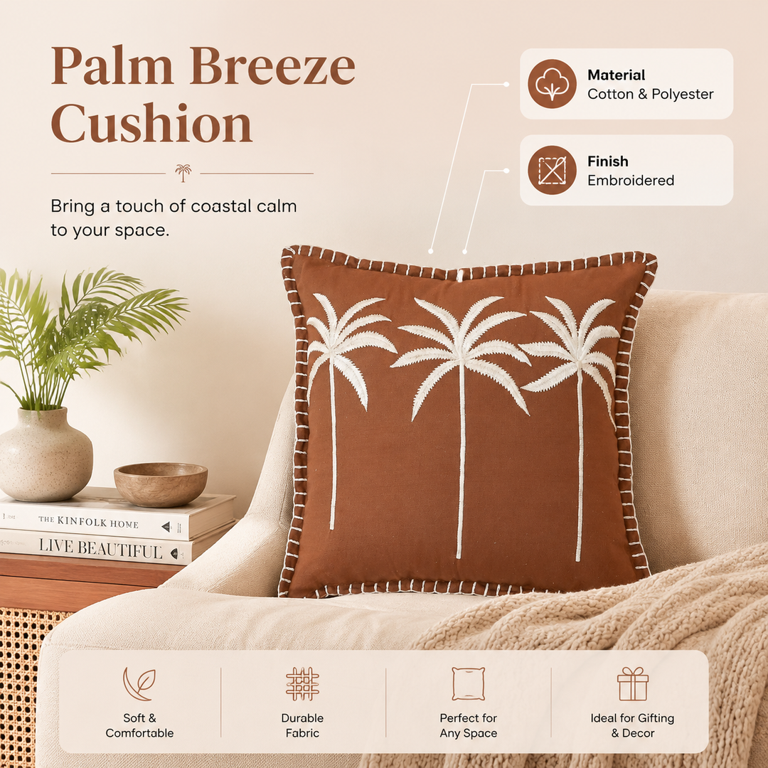 Palm Tree Embroidered Cotton Cushion with Filler 46cm