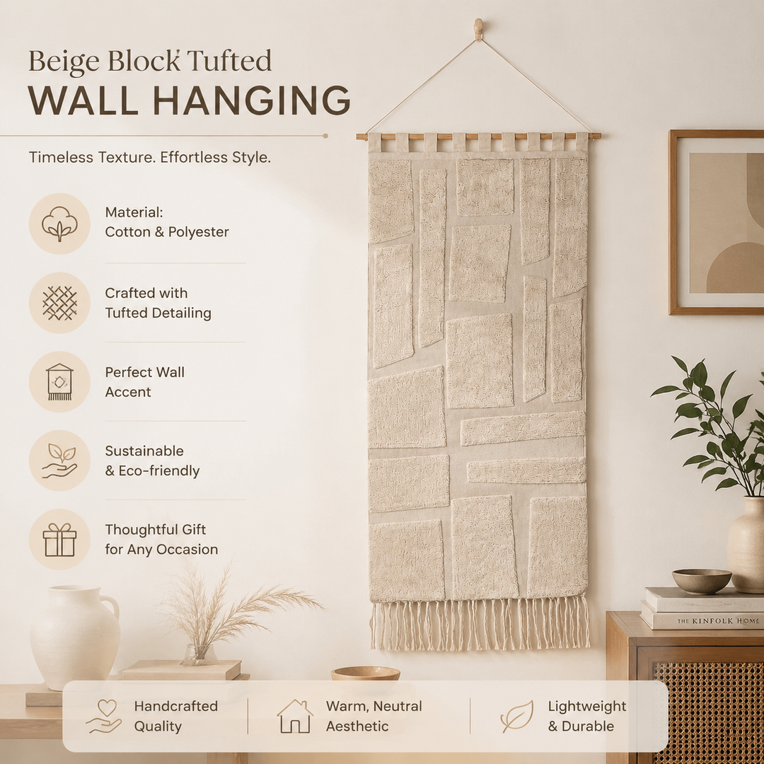 Beige Block Tufted Wall Hanging | Geometric Cotton Wall Art