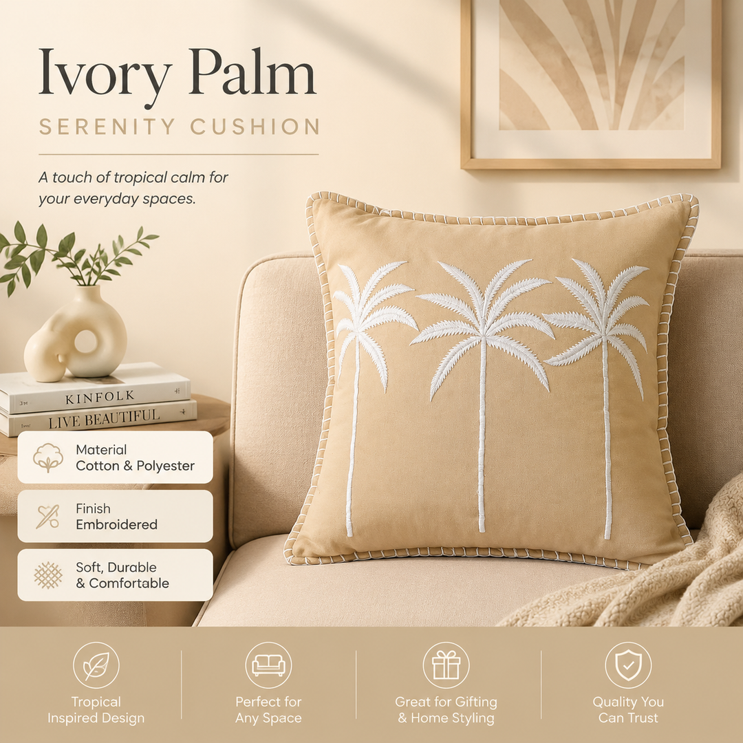 Palm Tree Embroidered Cotton Cushion with Filler 46cm