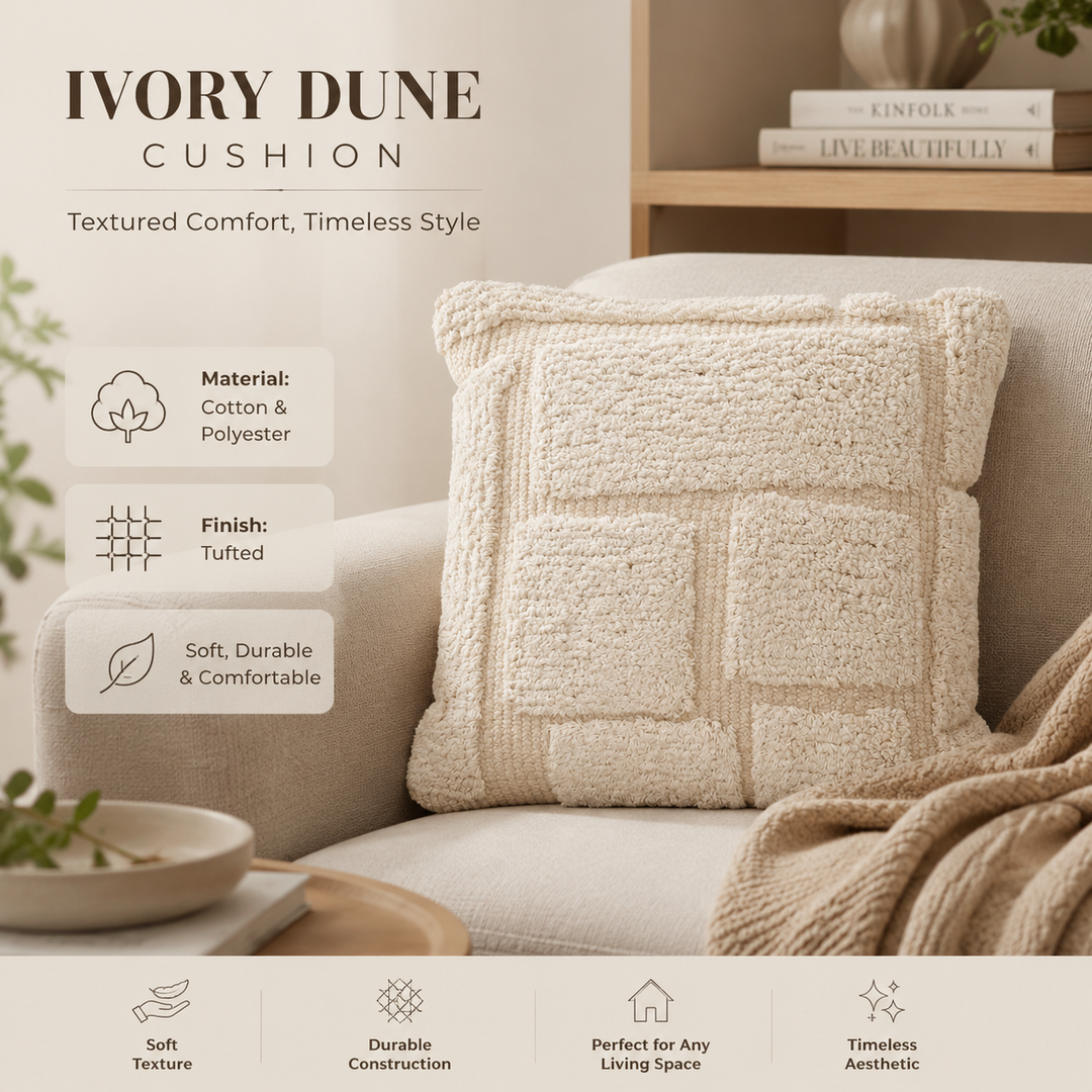 Ivory Dune Textured Tufted Cotton Cushion with Filler 46 cm