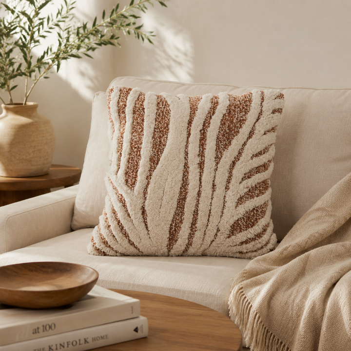 Driftweave Zebra Pattern Tufted Cushion | Ivory & Brown Decorative Pillow