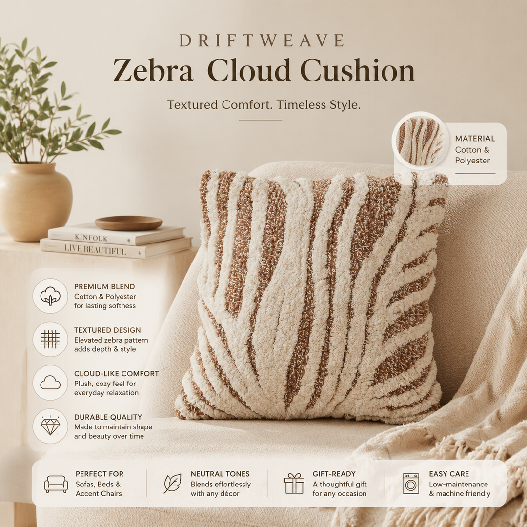Driftweave Zebra Pattern Tufted Cushion | Ivory & Brown Decorative Pillow