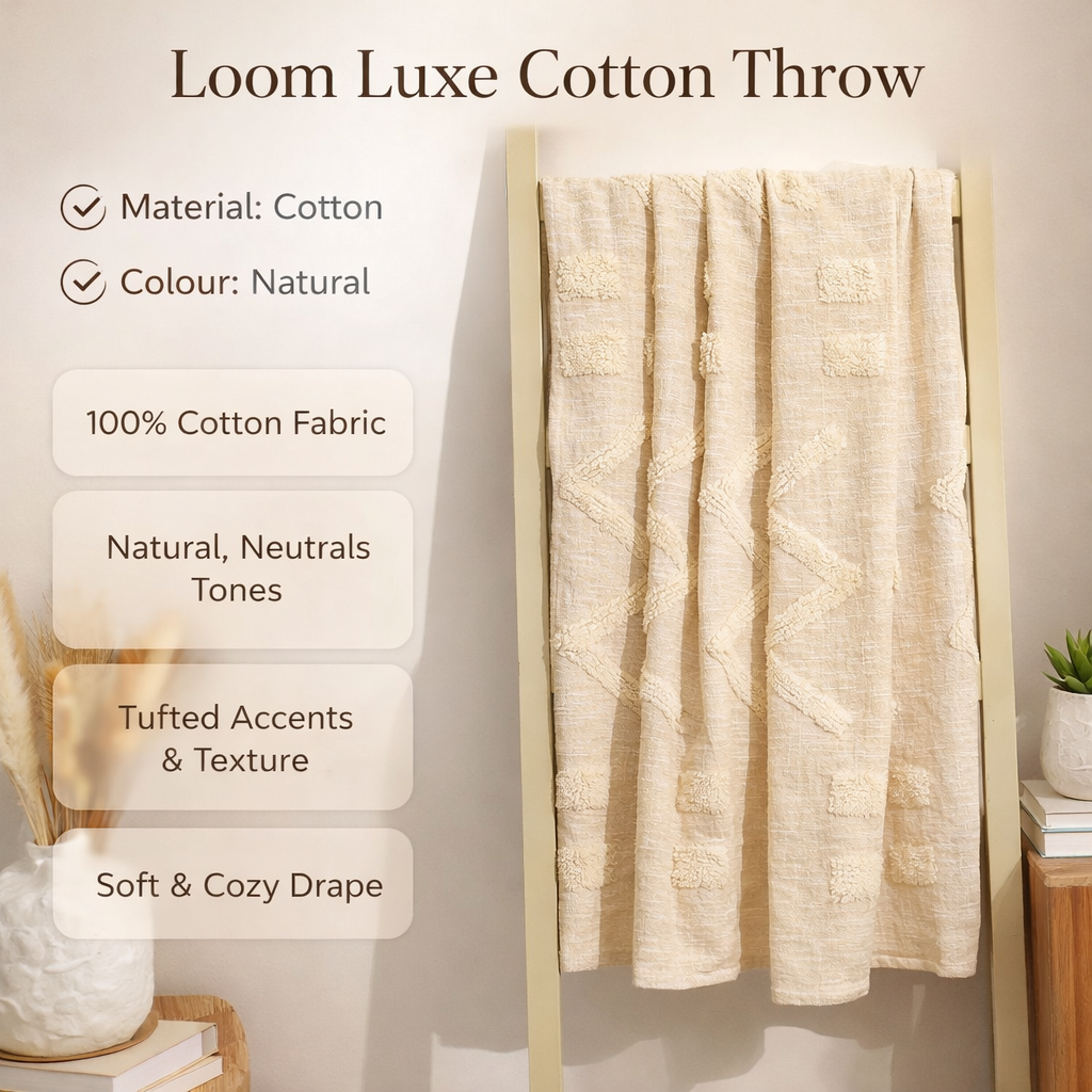 Loom Luxe Cotton Throw – Natural Beige Tufted 155 × 127 cm