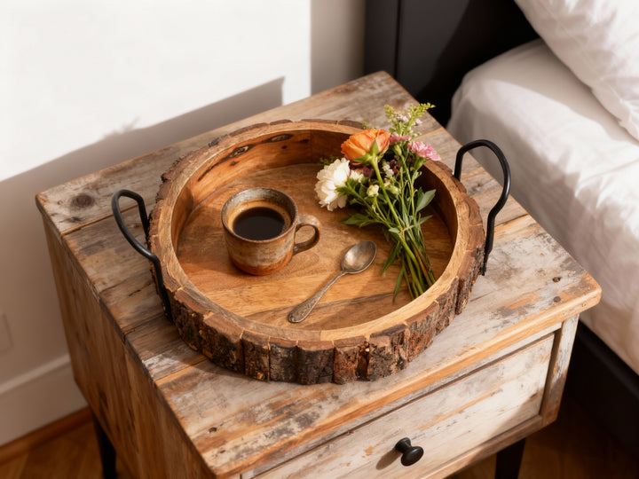 Rustic Bark Wood Serving Tray with Iron Handles | Natural Decorative Platter for Farmhouse & Home Decor, Unique Wooden T