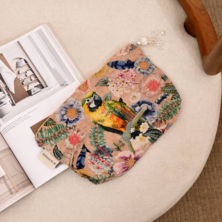 Cotton Pouch – Parrot Floral Embroidered – 18x30 cm
