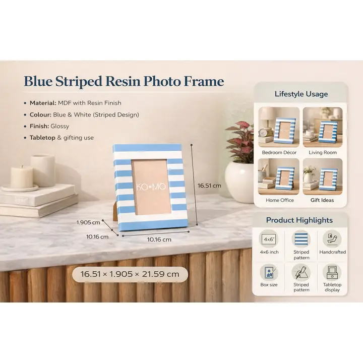 Blue Striped Resin Photo Frame 4x6 Inch Modern Tabletop