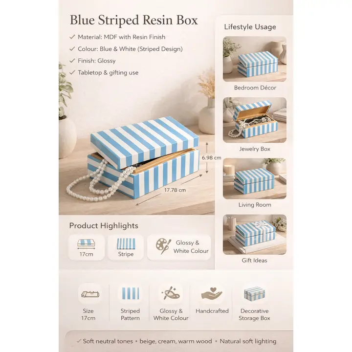 Blue Striped Resin Box Glossy MDF Storage Decor 17cm