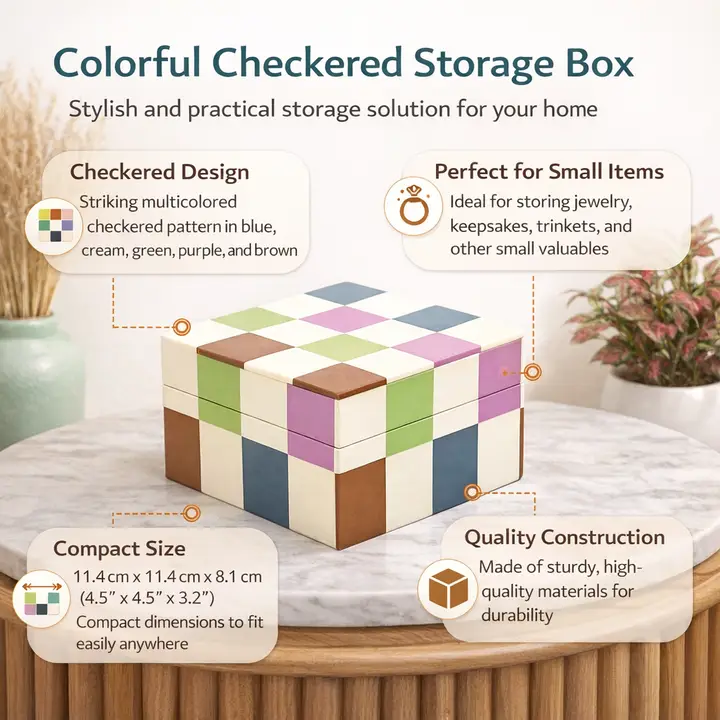 Checkered Resin Storage Box 4x4 Inch Modern MDF Décor