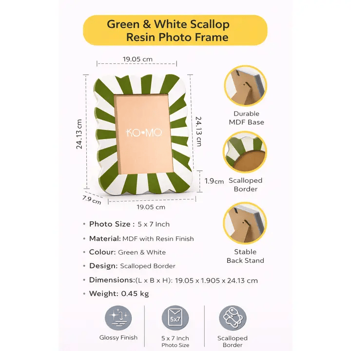 Green & White Scallop Photo Frame 5x7 Inch Resin MDF Décor