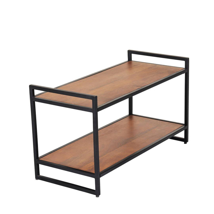 Mango Wood & Black Metal Shoe Rack | Modern Industrial Step Rack Design