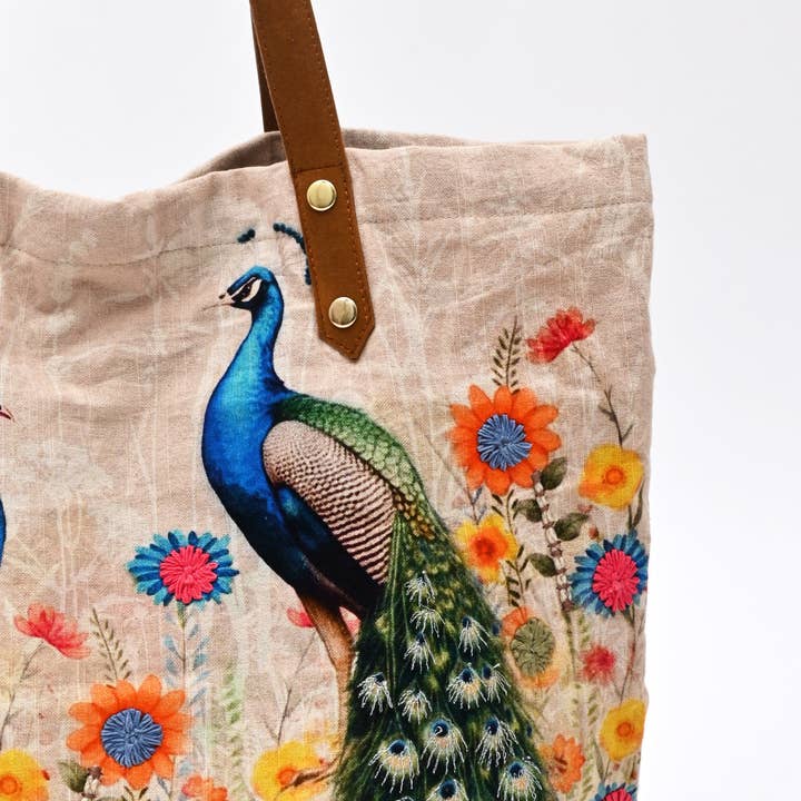 Embroidered Peacock Cotton Tote Bag – Floral Multi Shopper