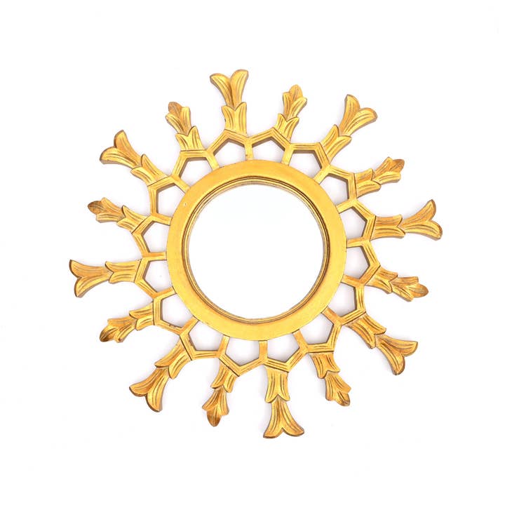 Hand-Carved Metallic Wooden Sunburst Wall Mirror - Decorative Statement Mirror for Living Room, Entryway & Bedroom Decor