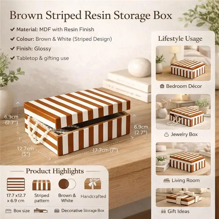 Brown Striped Resin Storage Box MDF Decorative Organizer