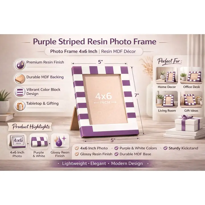 Purple Striped Resin Photo Frame 4x6 Inch Modern Tabletop